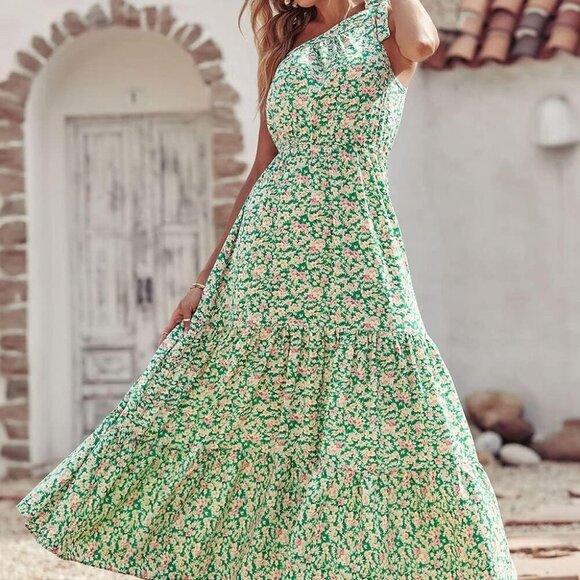 Women's Summer Floral One Shoulder Maxi Dress Knot Ruffle Boho Beach Vacation We - Picture 5 of 5